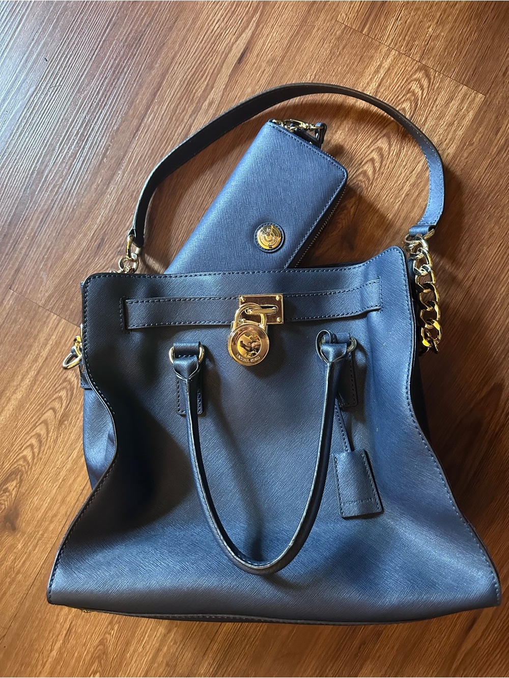 Michael Kors Hamilton Navy Leather Tote with Gold-Tone Accents